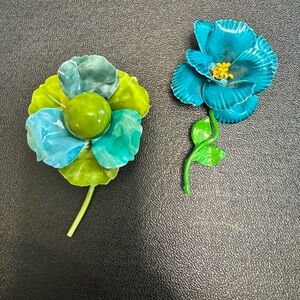 Vintage Floral Enamel Brooch Set - Blue and Green